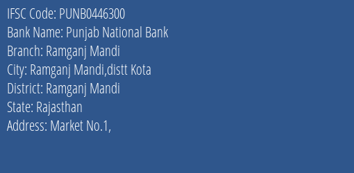 Punjab National Bank Ramganj Mandi Branch Ramganj Mandi IFSC Code PUNB0446300