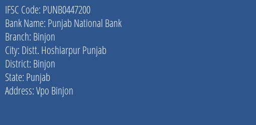 Punjab National Bank Binjon Branch Binjon IFSC Code PUNB0447200