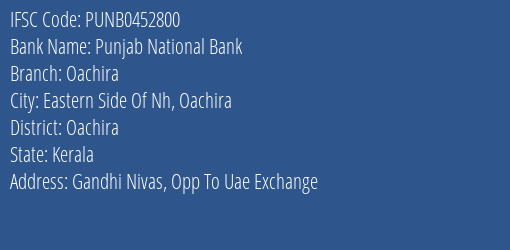 Punjab National Bank Oachira Branch Oachira IFSC Code PUNB0452800
