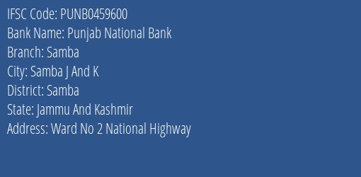 Punjab National Bank Samba Branch Samba IFSC Code PUNB0459600
