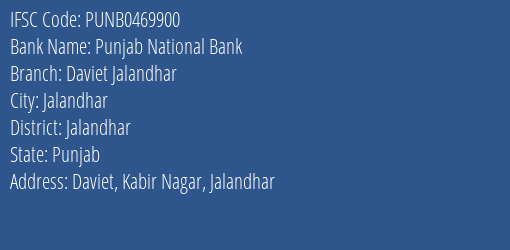 Punjab National Bank Daviet Jalandhar Branch Jalandhar IFSC Code PUNB0469900