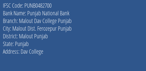 Punjab National Bank Malout Dav College Punjab Branch Malout Punjab IFSC Code PUNB0482700