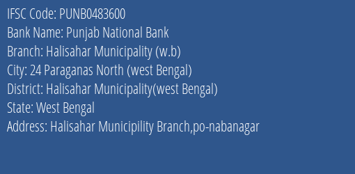 Punjab National Bank Halisahar Municipality W.b Branch Halisahar Municipality West Bengal IFSC Code PUNB0483600