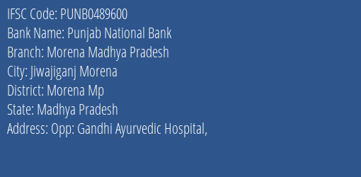 Punjab National Bank Morena Madhya Pradesh Branch Morena Mp IFSC Code PUNB0489600