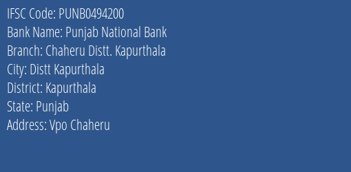 Punjab National Bank Chaheru Distt. Kapurthala Branch Kapurthala IFSC Code PUNB0494200
