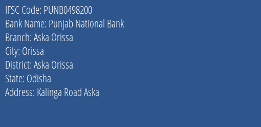 Punjab National Bank Aska Orissa Branch Aska Orissa IFSC Code PUNB0498200