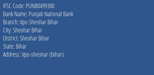 Punjab National Bank Vpo Sheohar Bihar Branch Sheohar Bihar IFSC Code PUNB0499300