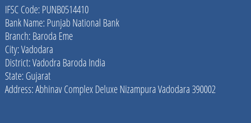 Punjab National Bank Baroda Eme Branch, Branch Code 514410 & IFSC Code Punb0514410