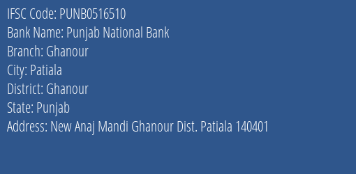 Punjab National Bank Ghanour Branch Ghanour IFSC Code PUNB0516510