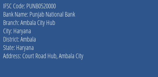 Punjab National Bank Ambala City Hub Branch Ambala IFSC Code PUNB0520000