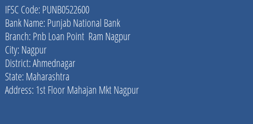 Punjab National Bank Pnb Loan Point Ram Nagpur Branch Ahmednagar IFSC Code PUNB0522600