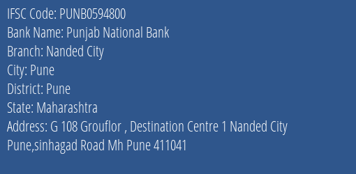 Punjab National Bank Nanded City Branch Pune IFSC Code PUNB0594800