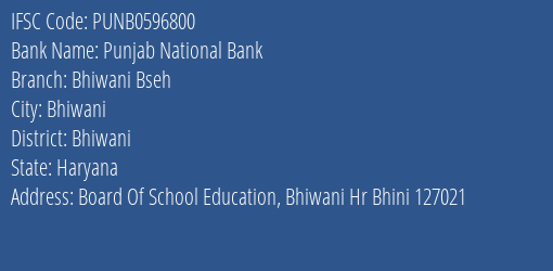 Punjab National Bank Bhiwani Bseh Branch Bhiwani IFSC Code PUNB0596800