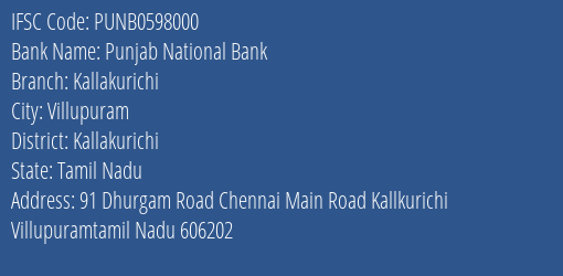 Punjab National Bank Kallakurichi Branch, Branch Code 598000 & IFSC Code PUNB0598000