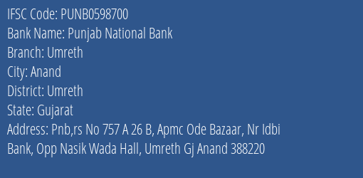 Punjab National Bank Umreth Branch Umreth IFSC Code PUNB0598700