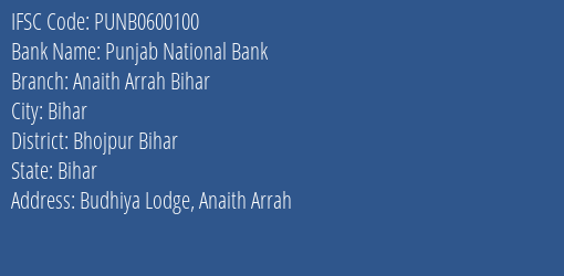 Punjab National Bank Anaith Arrah Bihar Branch Bhojpur Bihar IFSC Code PUNB0600100
