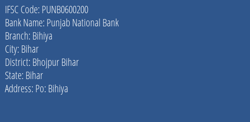 Punjab National Bank Bihiya Branch Bhojpur Bihar IFSC Code PUNB0600200