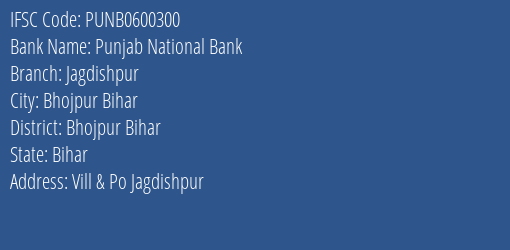 Punjab National Bank Jagdishpur Branch Bhojpur Bihar IFSC Code PUNB0600300