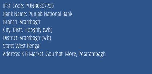 Punjab National Bank Arambagh Branch Arambagh Wb IFSC Code PUNB0607200