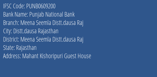 Punjab National Bank Meena Seemla Distt.dausa Raj Branch Meena Seemla Distt.dausa Raj IFSC Code PUNB0609200