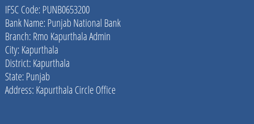 Punjab National Bank Rmo Kapurthala Admin Branch Kapurthala IFSC Code PUNB0653200