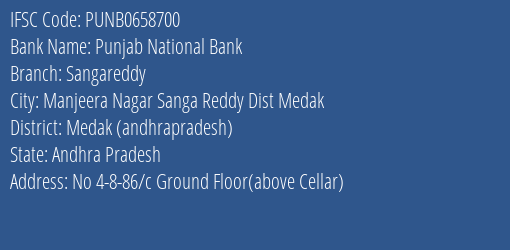 Punjab National Bank Sangareddy Branch Medak Andhrapradesh IFSC Code PUNB0658700