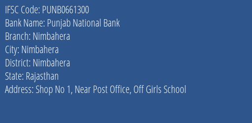 Punjab National Bank Nimbahera Branch Nimbahera IFSC Code PUNB0661300