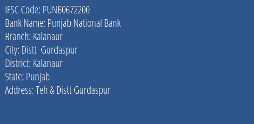 Punjab National Bank Kalanaur Branch Kalanaur IFSC Code PUNB0672200