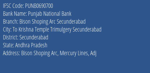 Punjab National Bank Bison Shoping Arc Secunderabad Branch Secunderabad IFSC Code PUNB0690700