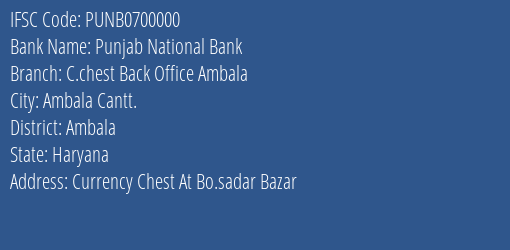 Punjab National Bank C.chest Back Office Ambala Branch Ambala IFSC Code PUNB0700000