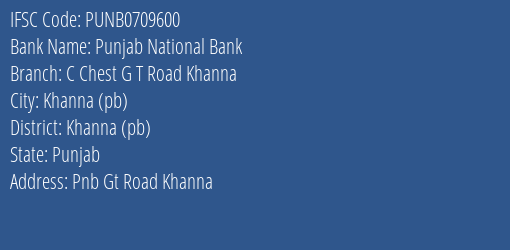 Punjab National Bank C Chest G T Road Khanna Branch Khanna Pb IFSC Code PUNB0709600