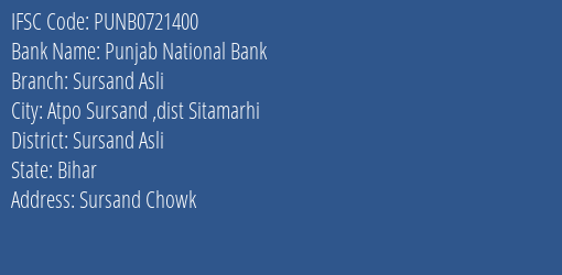 Punjab National Bank Sursand Asli Branch Sursand Asli IFSC Code PUNB0721400