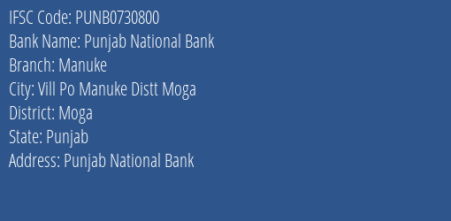 Punjab National Bank Manuke Branch Moga IFSC Code PUNB0730800