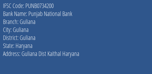 Punjab National Bank Guliana Branch Guliana IFSC Code PUNB0734200