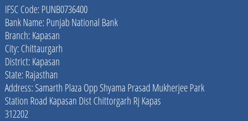 Punjab National Bank Kapasan Branch Kapasan IFSC Code PUNB0736400
