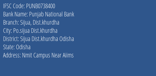 Punjab National Bank Sijua Dist.khurdha Branch Sijua Dist.khurdha Odisha IFSC Code PUNB0738400