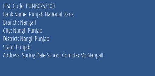 Punjab National Bank Nangali Branch Nangli Punjab IFSC Code PUNB0752100