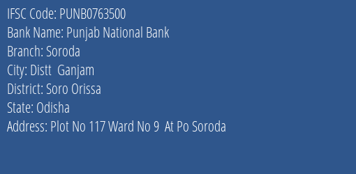 Punjab National Bank Soroda Branch Soro Orissa IFSC Code PUNB0763500