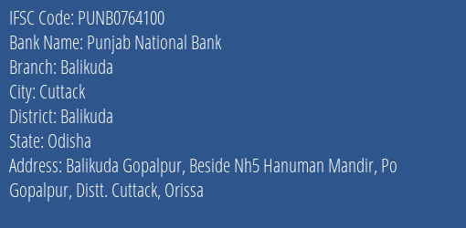 Punjab National Bank Balikuda Branch Balikuda IFSC Code PUNB0764100