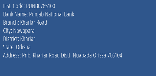 Punjab National Bank Khariar Road Branch Khariar IFSC Code PUNB0765100