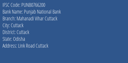 Punjab National Bank Mahanadi Vihar Cuttack Branch Cuttack IFSC Code PUNB0766200