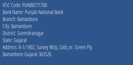 Punjab National Bank Bamanbore Branch Surendranagar IFSC Code PUNB0771700