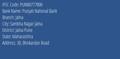 Punjab National Bank Jalna Branch Jalna Pune IFSC Code PUNB0777800
