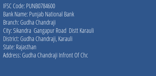 Punjab National Bank Gudha Chandraji Branch Gudha Chandraji Karauli IFSC Code PUNB0784600