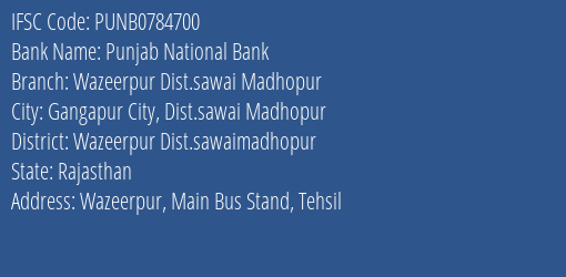 Punjab National Bank Wazeerpur Dist.sawai Madhopur Branch Wazeerpur Dist.sawaimadhopur IFSC Code PUNB0784700
