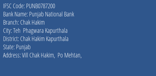 Punjab National Bank Chak Hakim Branch Chak Hakim Kapurthala IFSC Code PUNB0787200