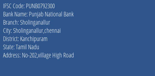 Punjab National Bank Sholinganallur Branch Kanchipuram IFSC Code PUNB0792300
