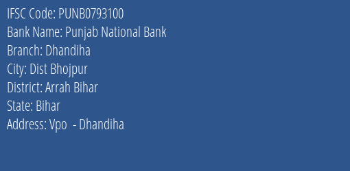 Punjab National Bank Dhandiha Branch Arrah Bihar IFSC Code PUNB0793100