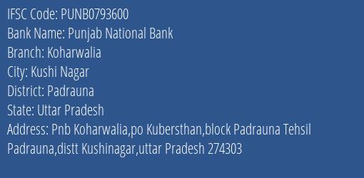 Punjab National Bank Koharwalia Branch, Branch Code 793600 & IFSC Code Punb0793600