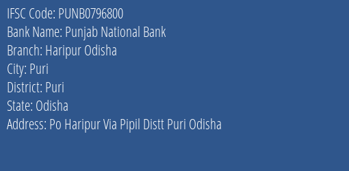 Punjab National Bank Haripur Odisha Branch Puri IFSC Code PUNB0796800